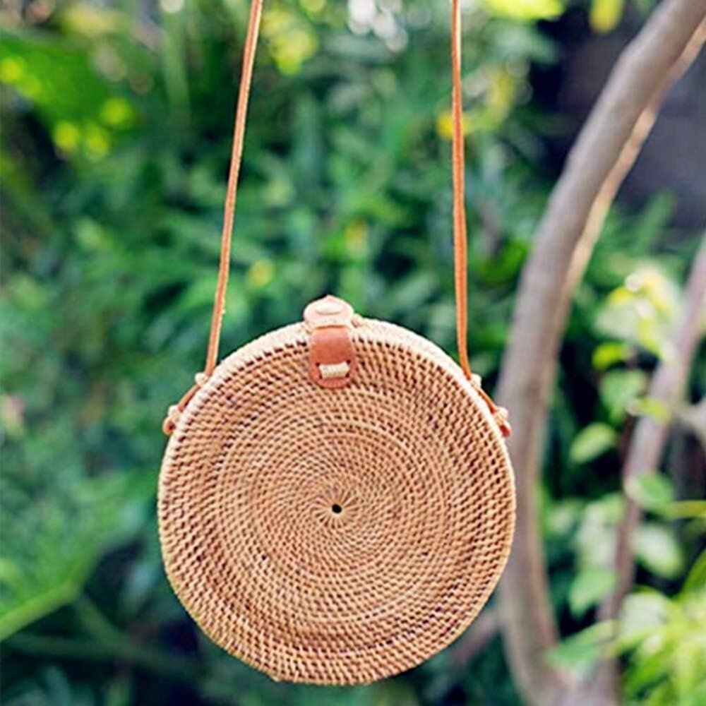Handwoven Round Rattan Straw Bag for Women Shoulder Leather Button Straps Natura - Picture 4 of 9
